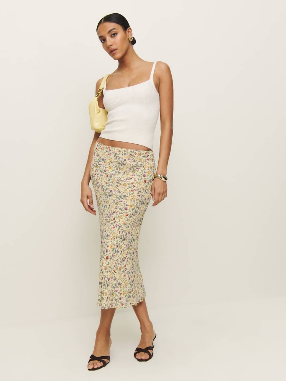 Reformation Layla Midi Skirt Sz0 Yasmeen Yellow Floral Stretch Waist